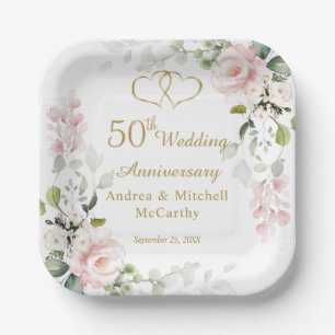 Plato De Papel Rosas Foliage Hearts 50th Boda Aniversario