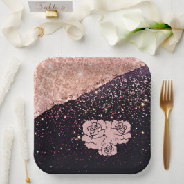 Plato De Papel Rosas Glam Rose Negro Brillo Rubor