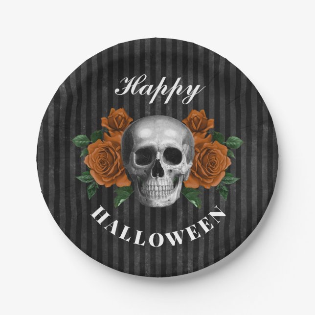 Plato De Papel Rosas góticos y cráneo Feliz Halloween (Anverso)