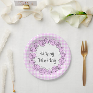 Plato De Papel Rosas Lilac Circle Check Birthday round