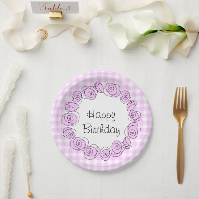 Plato De Papel Rosas Lilac Circle Check Birthday round (Boda)
