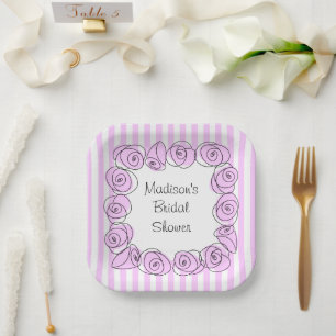 Plato De Papel Rosas Lilac Cuadrado Raya Despedida de Soltera