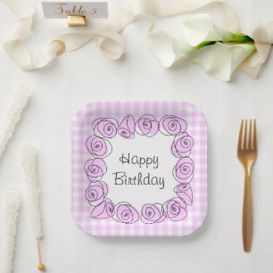 Plato De Papel Rosas Lilac Square Check Birthday Paper Plate