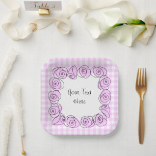 Plato De Papel Rosas Lilac Square Check Text Paper Placa