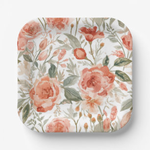 Plato De Papel Rosas Naranjas Botánico Acuarela Coral Floral