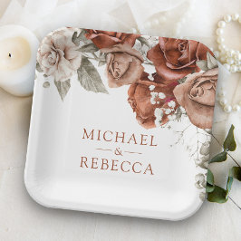 Plato De Papel Rosas Naranjas quemados Boda Floral de Terracotta