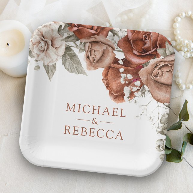 Plato De Papel Rosas Naranjas quemados Boda Floral de Terracotta (Subido por el creador)