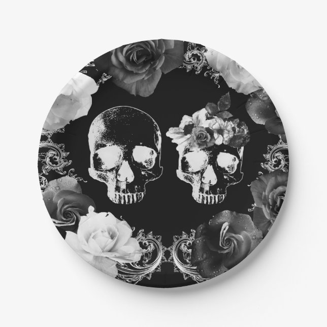 Plato De Papel Rosas Negras Blancas Calavera Cráneo Gótico Boda (Anverso)