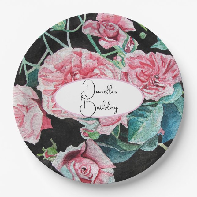 Plato De Papel Rosas negros rosados Florales Fiesta Placa de pape (Anverso)