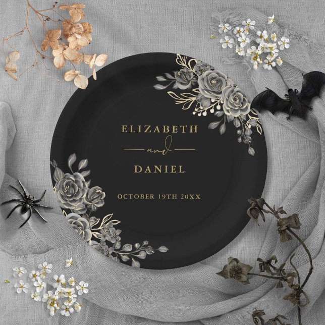 Plato De Papel Rosas Negros Y Oro Boda Gótico Floral (Black And Gold Roses Floral Gothic Wedding Paper Plates)