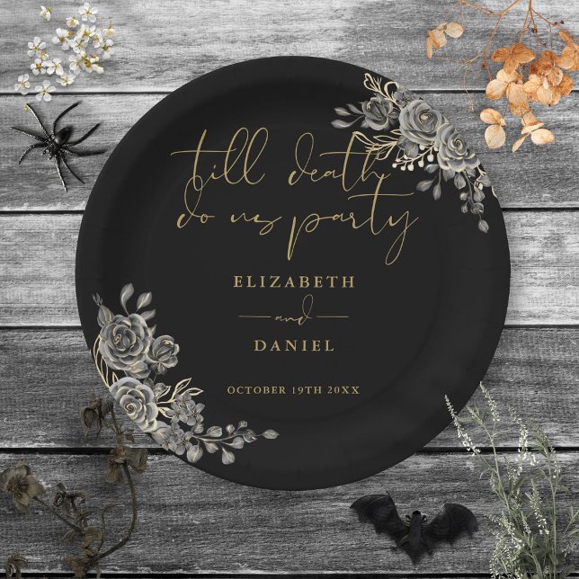 Plato De Papel Rosas Negros Y Oro Boda Gótico Floral (Black And Gold Roses Floral Gothic Wedding Paper Plates)
