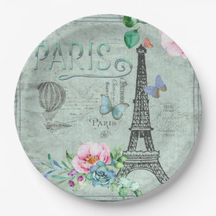 Plato De Papel Rosas Paris-Eiffel Tower-Flower-Floral-Vintage