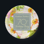 Plato De Papel Rosas Peonies 70th Birthday Party Paper Plate<br><div class="desc">Patrón floral clásico de antiguos rosas silvestres y peonías sobre fondo bistre. Gráficos vintage muy elegantes con textos en una forma cuadrada gris pastel en un plato de papel de fiesta de 70 años de personalizable. Puede cambiar fácilmente texto (fuente, tamaño, color y posición), diseño y forma (tamaño y posición)....</div>