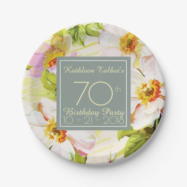 Plato De Papel Rosas Peonies 70th Birthday Party Paper Plate (Anverso)