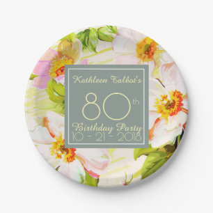 Plato De Papel Rosas Peonies 80th Birthday Party Paper Plate