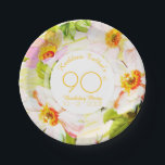 Plato De Papel Rosas Peonies 90th Birthday Party Paper Plate<br><div class="desc">Patrón floral clásico de antiguos rosas silvestres y peonías sobre fondo bistre. Gráficos vintage muy elegantes con textos en forma redondeada blanca en el plato de papel de la fiesta de cumpleaños 90 del personalizable. Puede cambiar fácilmente el texto (fuente, tamaño, color y posición), el diseño y la forma (tamaño...</div>