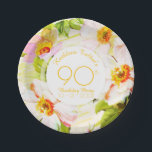 Plato De Papel Rosas Peonies 90th Birthday Party Paper Plate<br><div class="desc">Patrón floral clásico de antiguos rosas silvestres y peonías sobre fondo bistre. Gráficos vintage muy elegantes con textos en forma redondeada blanca en el plato de papel de la fiesta de cumpleaños 90 del personalizable. Puede cambiar fácilmente el texto (fuente, tamaño, color y posición), el diseño y la forma (tamaño...</div>