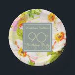 Plato De Papel Rosas Peonies 90th Birthday Party Paper Plate<br><div class="desc">Patrón floral clásico de viejos rosas salvajes y peonías sobre fondo bistre. Gráficos vintage muy elegantes con textos en forma de cuadrado gris pastel en el plato de papel de la fiesta de 90 años del personalizable. Puede cambiar fácilmente texto (fuente, tamaño, color y posición), diseño y forma (tamaño y...</div>