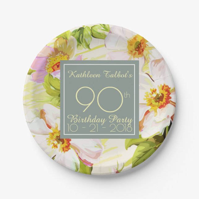 Plato De Papel Rosas Peonies 90th Birthday Party Paper Plate (Anverso)