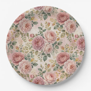 Plato De Papel Rosas Polvo de Rosa Encanto Elegante Verde Salvia
