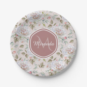 Plato De Papel Rosas poner crema elegantes monograma y nombre