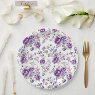 Plato De Papel Rosas Purpúreas Lilas Florales Jardín Fiesta Boda