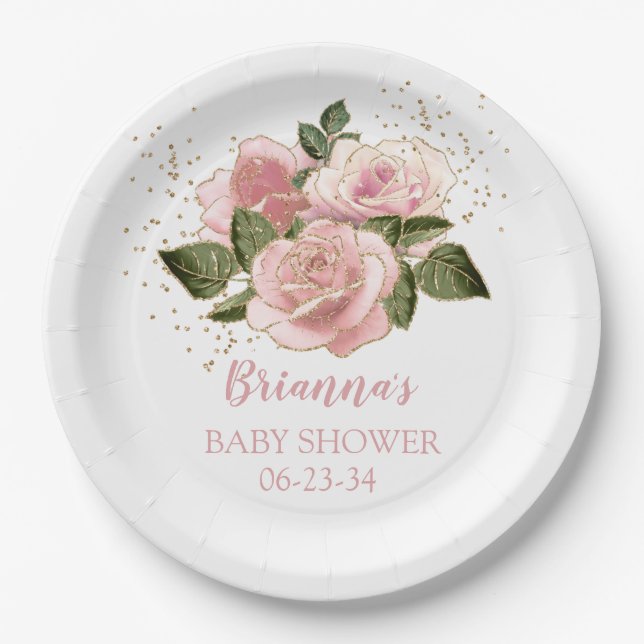 Plato De Papel Rosas Purpurinas de oro rosado Baby Shower (Anverso)