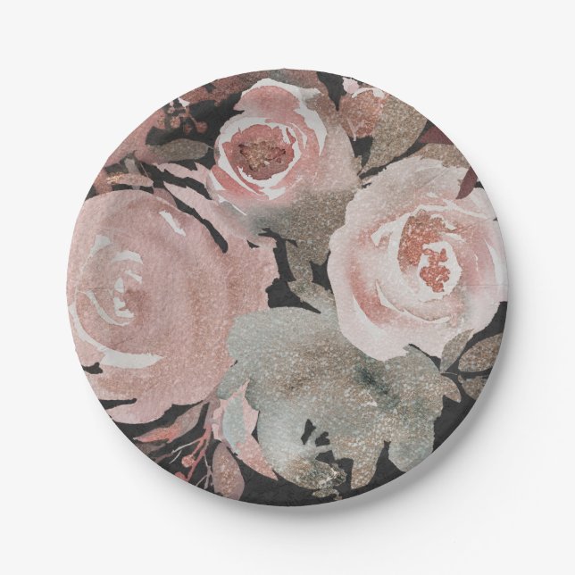 Plato De Papel Rosas Purpurinas Rosa Rosa Rosa Oscuro Glam Floral (Anverso)