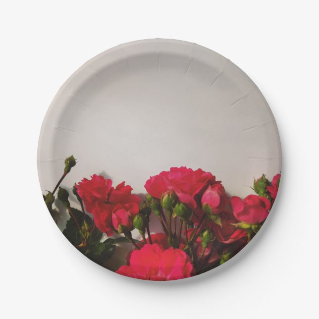 Plato De Papel Rosas rojas brotes frescos floreciendo flores bril (Anverso)