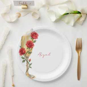 Plato De Papel Rosas rojas con nombre personalizado de champán