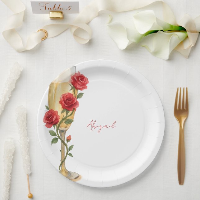 Plato De Papel Rosas rojas con nombre personalizado de champán (Boda)