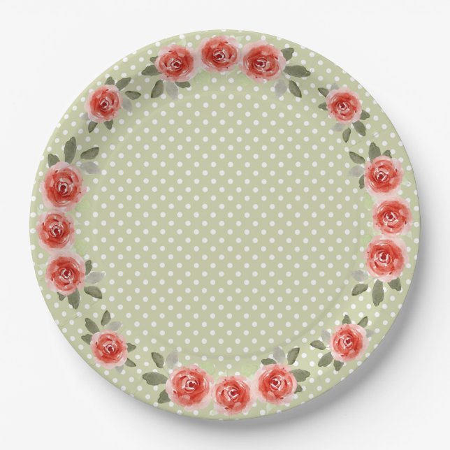 Plato De Papel Rosas rojas en puntos limones y blancos (Anverso)