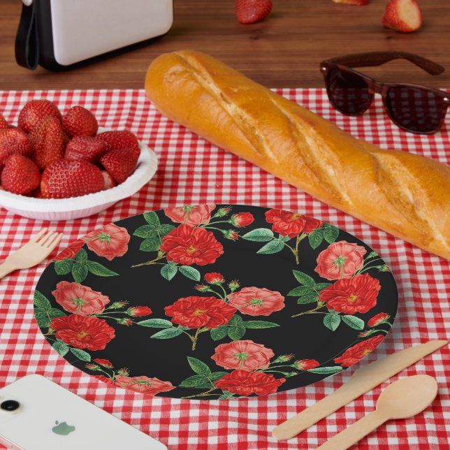 Plato De Papel Rosas Rojas, Fondo Negro, (Picnic)