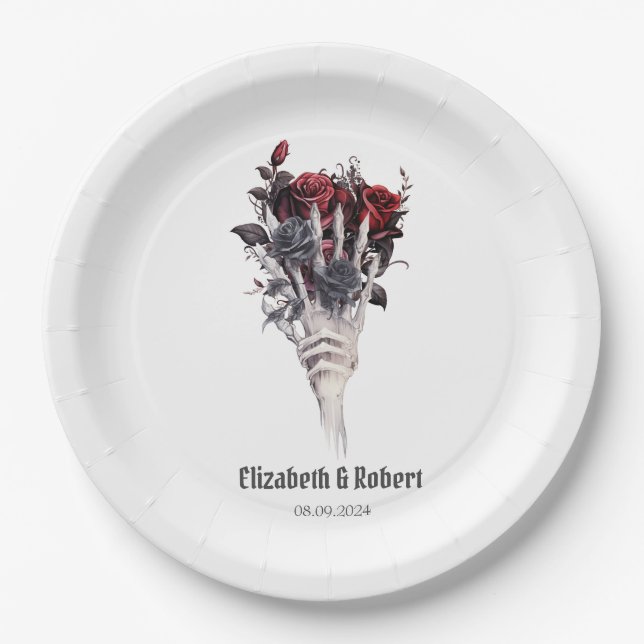 Plato De Papel Rosas Rojas Góticas Bodas de Esqueleto  (Anverso)