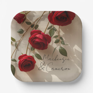 Plato De Papel Rosas Rojas Románticas con Nombre Personalizado