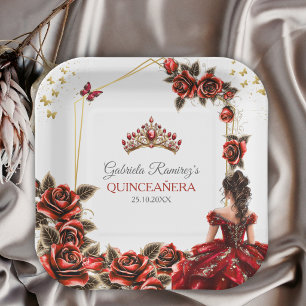 Plato De Papel Rosas Rojas Tiara Dorada Quinceañera