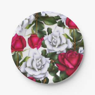 Plato De Papel Rosas Rojas y Blancas Estilo Rústico Chic Moderno