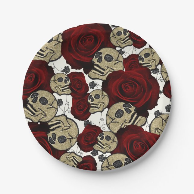 Plato De Papel Rosas Rojas y Calaveras Floral Negro Gótico Blanco (Anverso)
