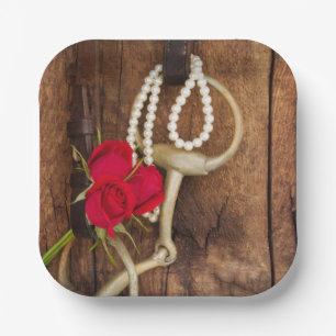 Plato De Papel Rosas rojas y países de bit a caballo Boda occiden