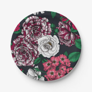 Plato De Papel Rosas rojos, blancos y bicolores con hojas verdes