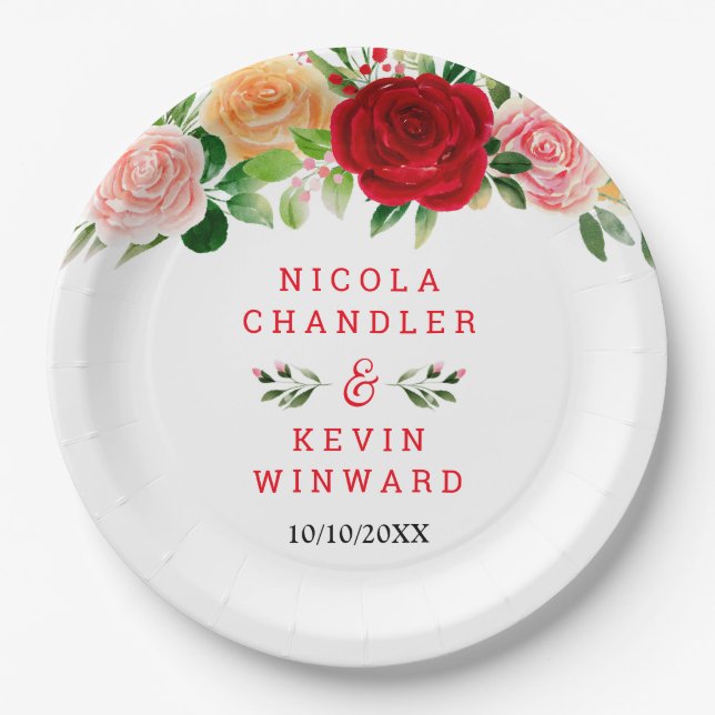 Plato De Papel Rosas Románticas Florales Boda (Anverso)