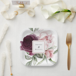 Plato De Papel Rosas románticos acuarela Boda botánico