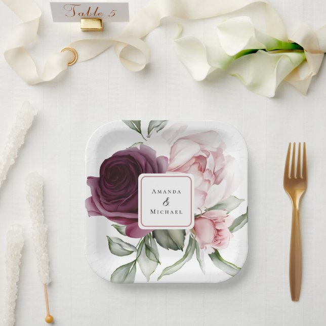 Plato De Papel Rosas románticos acuarela Boda botánico (Boda)