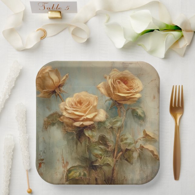 Plato De Papel Rosas románticos de piel de rapaz (Boda)