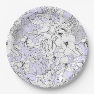 Plato De Papel Rosas románticos peony eucalipto línea dibujar lil
