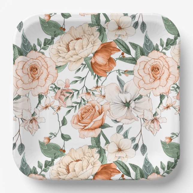 Plato De Papel Rosas románticos peony eucalyptus peach naranja (Anverso)