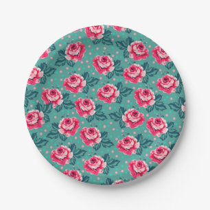 Plato De Papel Rosas rosadas bonitas y patrón de lunares en azul 