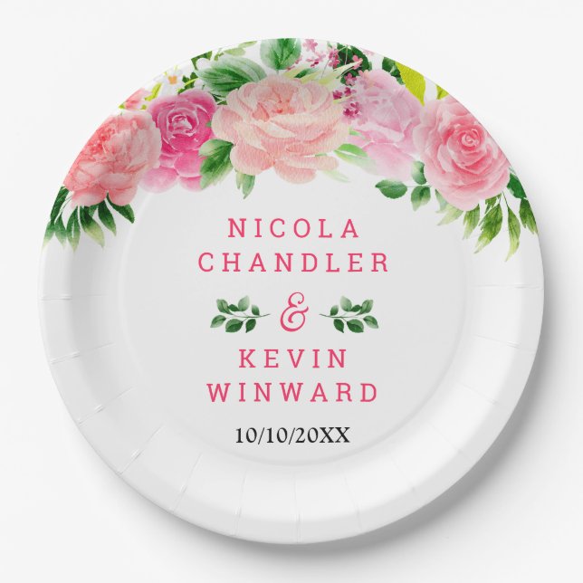 Plato De Papel Rosas rosadas con follaje de boda (Anverso)