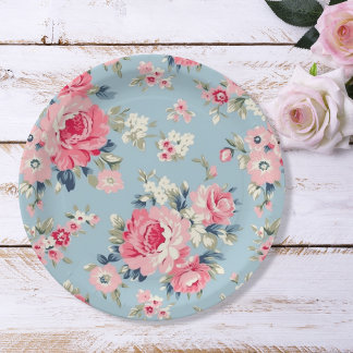 Plato De Papel Rosas rosadas de algodón en fondo azul