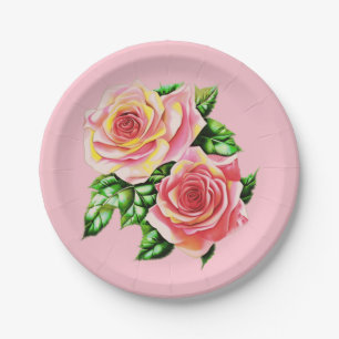 Plato De Papel Rosas rosadas de coral con hojas verdes de jade
